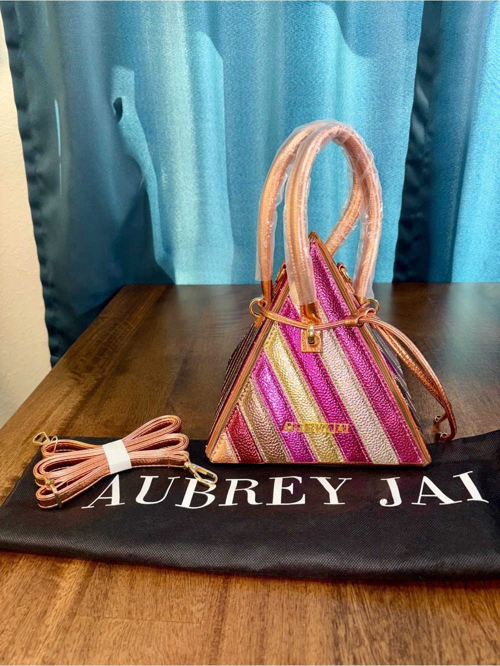 Aubrey Jai NWOT Bronze Spinarella Striped Pyramid Bag - Vegan Plant Leather
